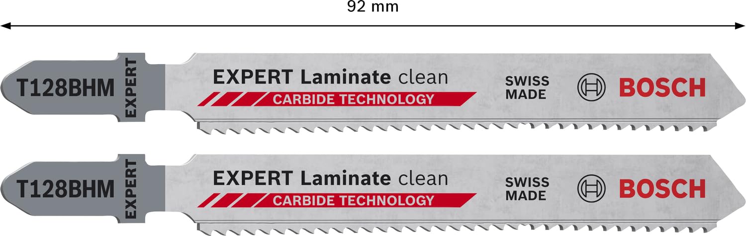 Bosch 2x Hoja de sierra de calar EXPERT Laminate Clean T128BHM (para Vinilo laminado sólido, PVC, Laminado a alta presión HPL, Longitud 92 mm, Professional Accesorios Sierra de calar)