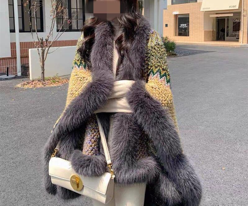 CAPE- Thick Warm Cashmere Wool Shawl Pashmina For Women Fox Fur Trimmed Ethnic Style Printed Wrap Poncho (Grey, One Size)3