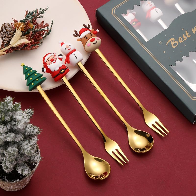 Flatware Silverware Set, 6/24/36/48/60/72pcs Christmas tableware stainless steel spoon creative 3D Christmas figurine fruit spoon gift box set, Tableware Cutlery Set(Gold,60 Pieces for 10)