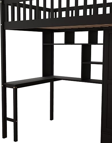 Miniatura 9 de Cama tipo loft moderna de tamaño individual con armario y escritorio integrados marco de cama tipo loft de madera maciza con escalera y estante de