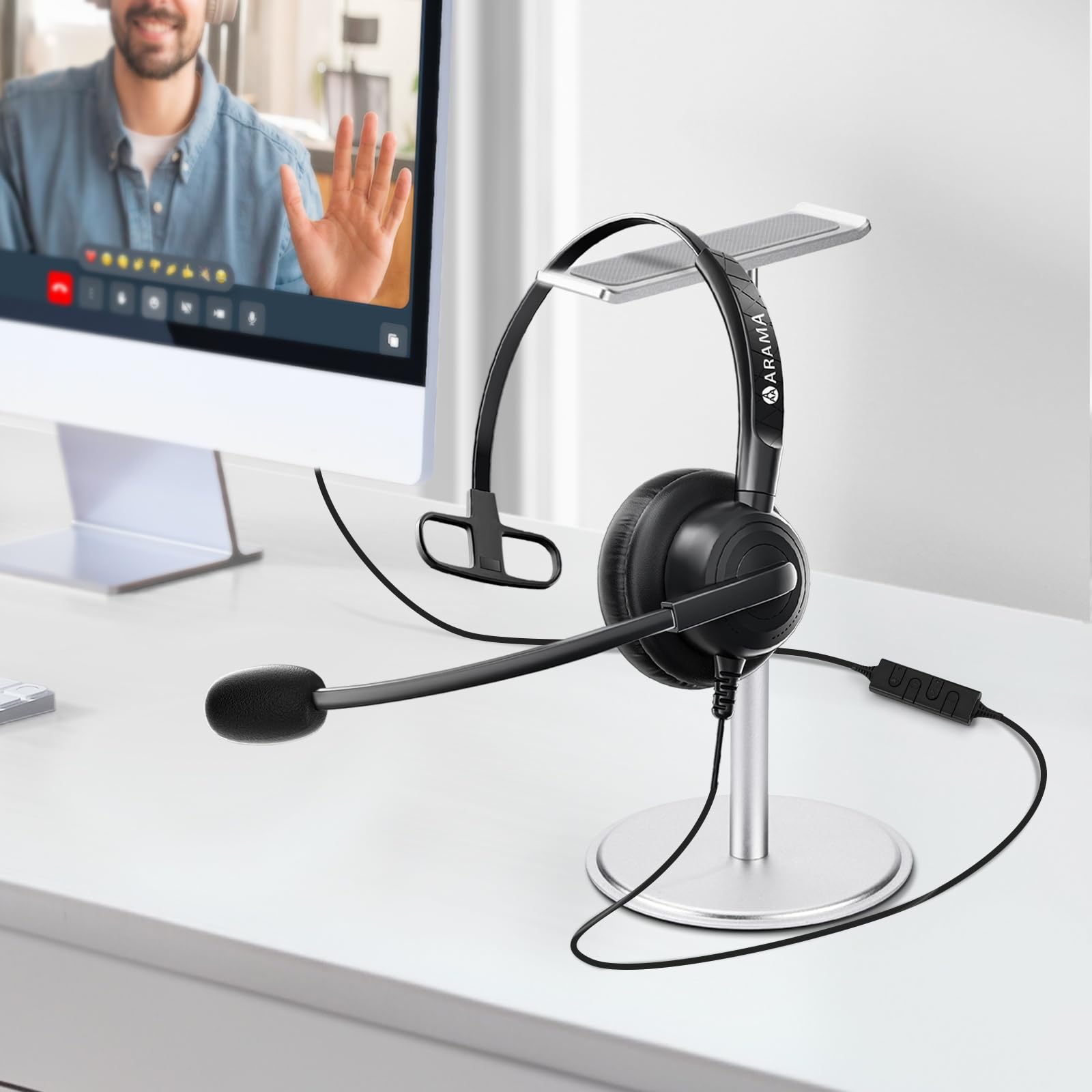 Arama Casque USB avec microphone antibruit pour PC, casque d'ordinateur, casque filaire USB mono pour ordinateur portable, cours en ligne, centre d'appel, entreprise, réunions zoom, Skype Chat