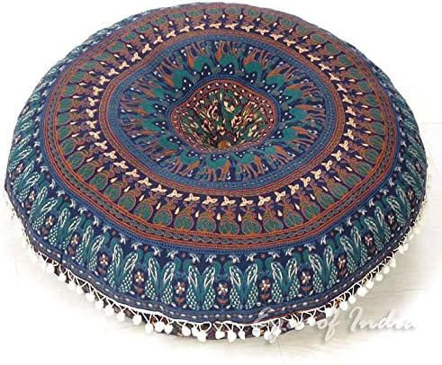 Eyes of India - 32" Blue Bohemian Accent Indian Floor Pillow Cover Boho Chic Dog Bed Round Colorful Decorative Mandala Hippie Meditation Cushion Seating Sofa Throw Handmade Cover ONLY