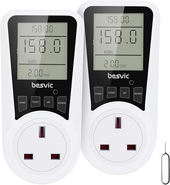 Power Meter Energy Monitor Plug, Besvic 13A Electricity Usage Power Consumption Monitor Socket with 7 Monitoring Modes, Overload Warning, Amp Volt Watt Meter Analyzer (2Pack)