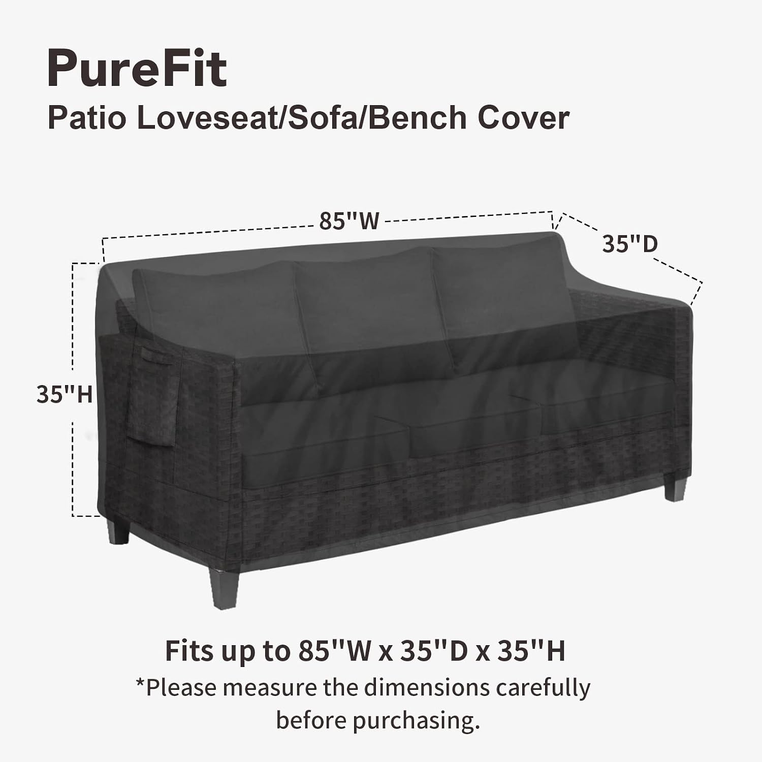 PureFit Outdoor Couch Cover Waterproof Patio Sofa Furniture Covers, 3-Seater Outdoor Cover with Air Vent and Handles, 85W x 35D x 35H Inches, Black