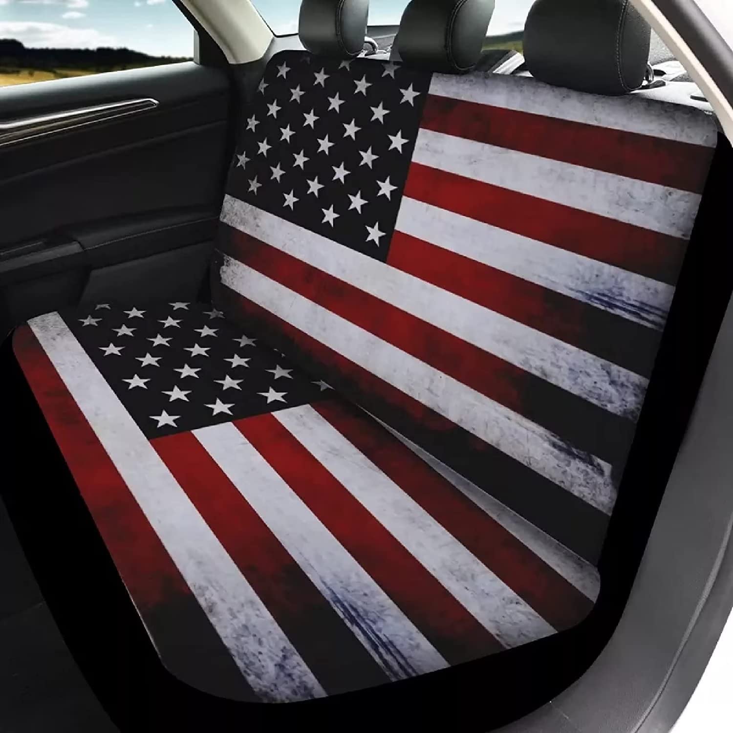 ZERODATE Patriotic Decor Car Rear Bench Seat Cover American Flag Backrest Saddle Blanket Non-Slip Seat Cushion Cover,2PCS