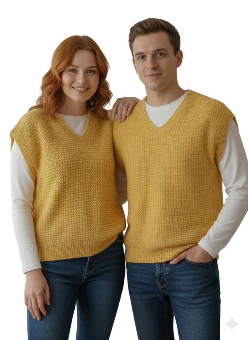 Handmade Premium Woolen Sweater Vest, Unisex, Mustard Yellow, Textured Knit, V-Neck, Sleeveless, Lightweight, Breathable, All-Season-picture-54