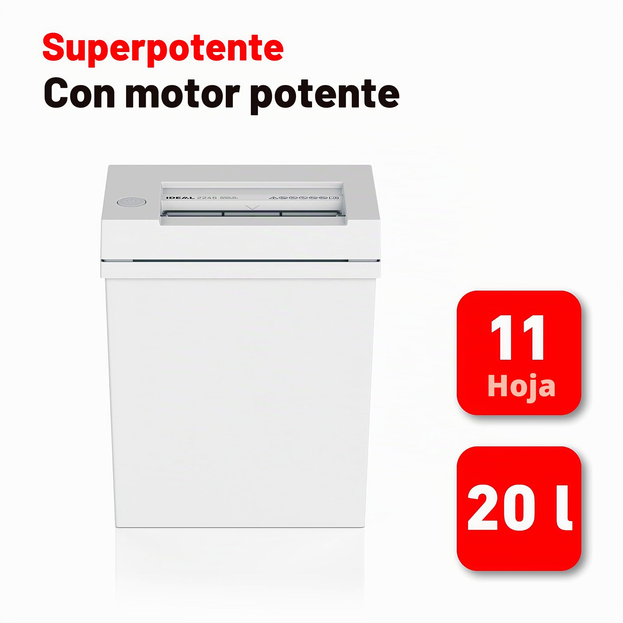 IDEAL 2245 - Destructora de papel, nivel de seguridad P-2, corte en tiras de 4 mm, capacidad de 11 hojas, cubo de basura de 20 L, también destruye grapas y tarjetas de crédito