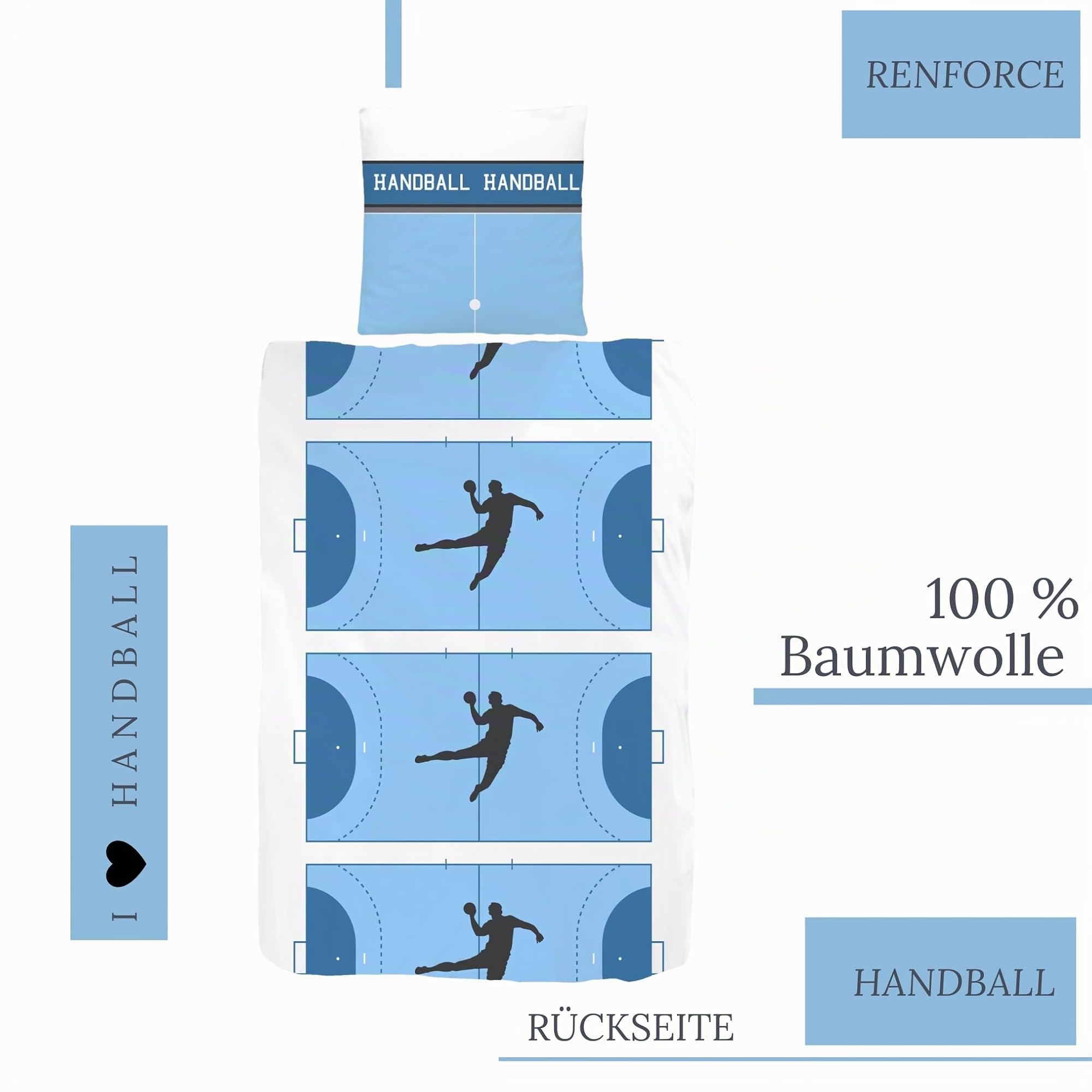 MTOnlinehandel TRAUMHELDEN 100% Baumwolle Bettwäsche 135x200 · Handball Sport · Kinderbettwäsche, Teenager & Erwachsene · 1 Kissenbezug 80x80 + 1 Bettbezug 135x200 cm