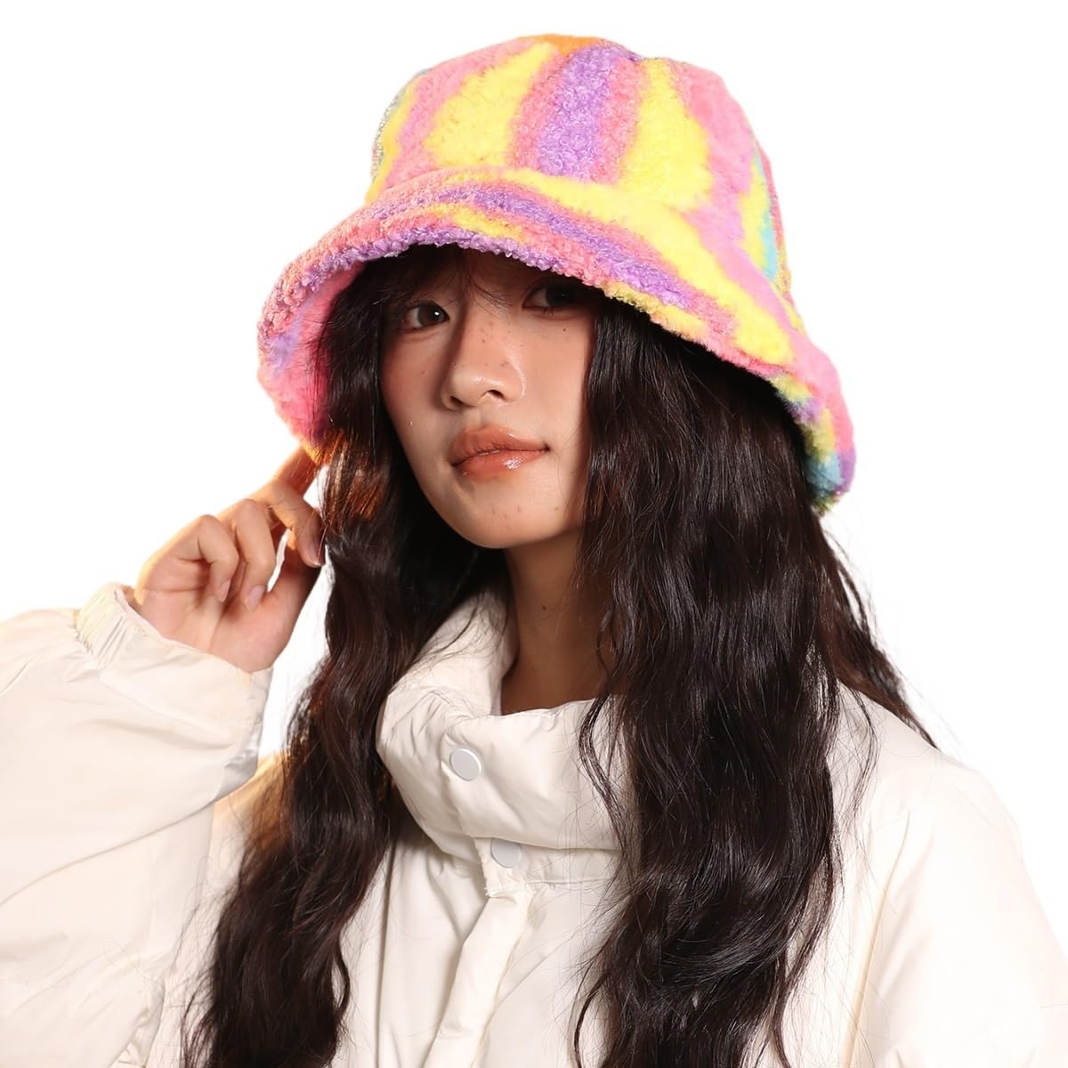 Chapeau seau arc-en-ciel en peluche chaude pour femmes et filles style bob d'hiver