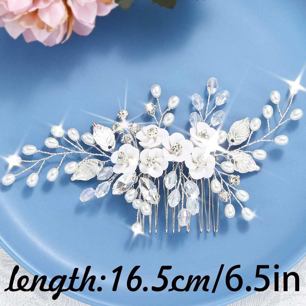 Unicra Flower Bridal Hair Comb Pearl Wedding Headpiece Leaf Hairpiece Silver Rhinestone Hair Accessories for Women and Brides (Silver - Image 4