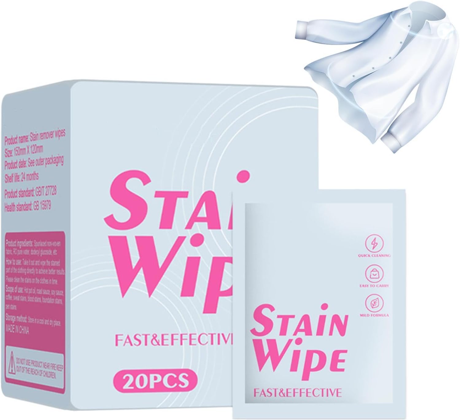 20 Pieces Portable Stain Remover Wipes, Individually Wrapped Fabric Cleaner