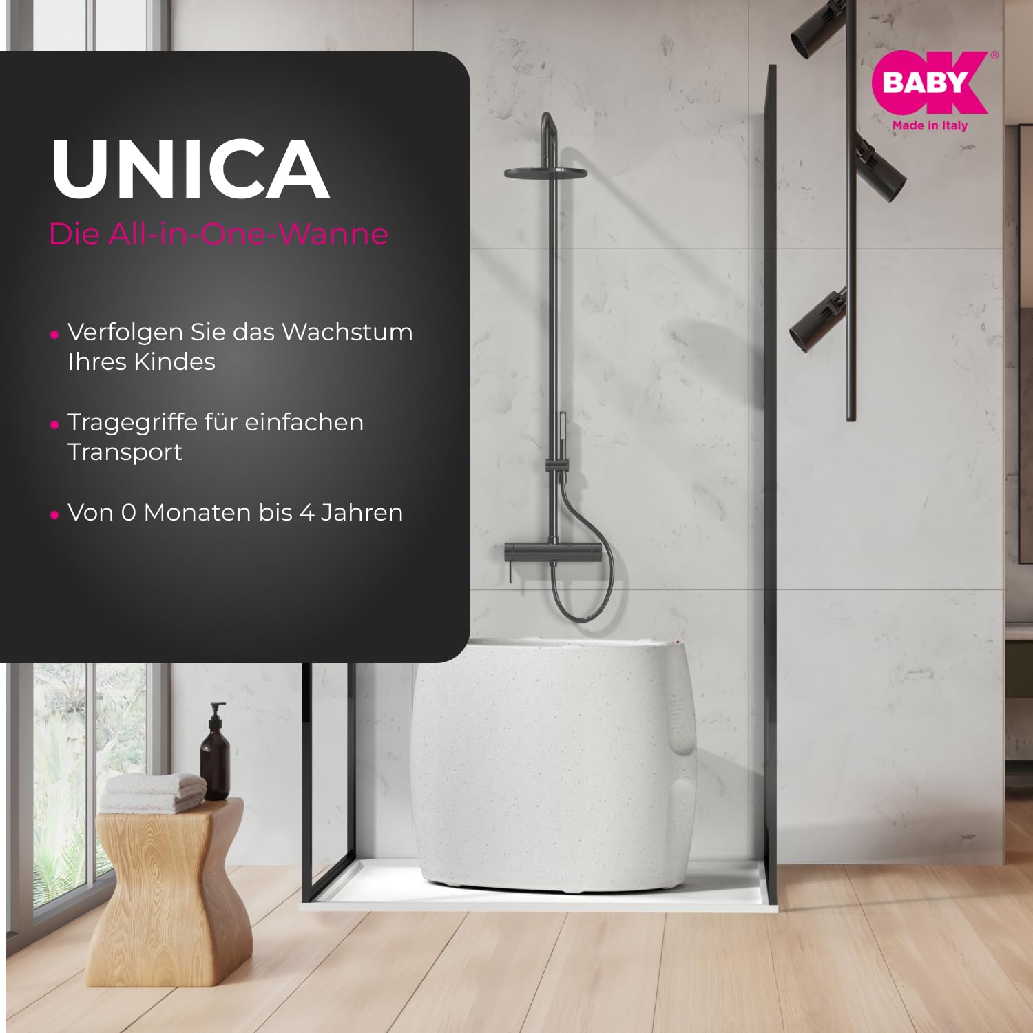 OKBABY Unica – Badewanne 0 – 4 Jahre mit doppeltem Verwendungszweck, eingebautem Thermometer und ergonomischer Unterstützung – Badewanne und Mini-Pool für Kinder – Granit