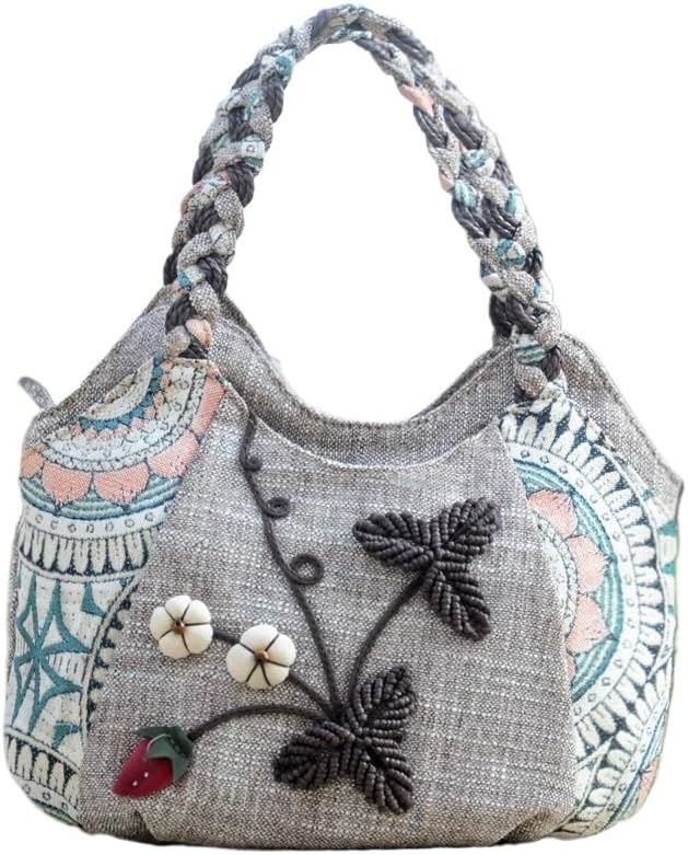 [LOVDUSU] 中年女性向けヴィンテージエスニックスタイルトートバッグ｜文様キャンバスハンドバッグ マザーサッチェル