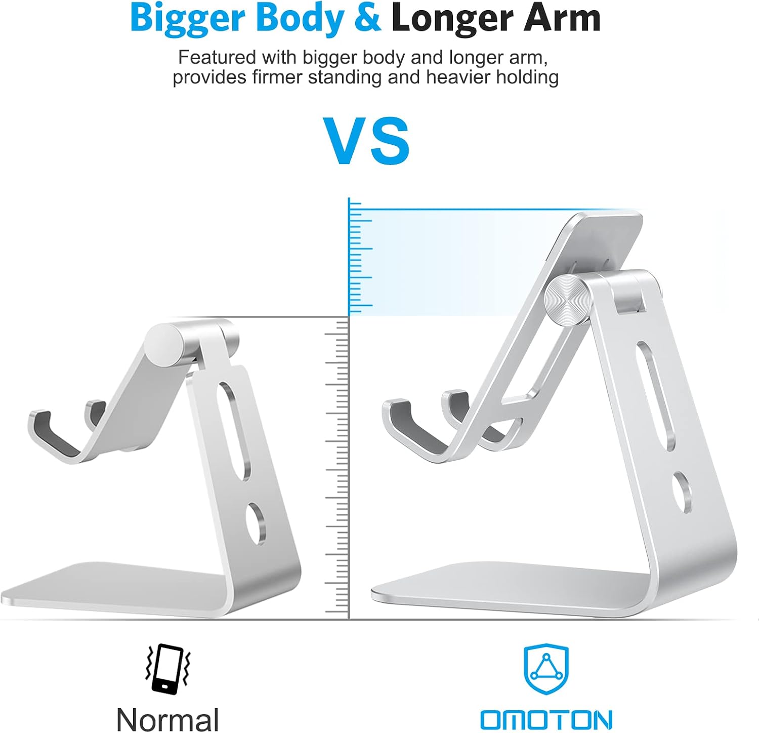 OMOTON C3 Cell Phone Stand for Desk, Larger and Exceptionally Stable, Adjustable Phone Cradle Holder with Bigger Body & Longer Arm, Compatible with iPhone 14, Tablets (7-10") and More, Silver