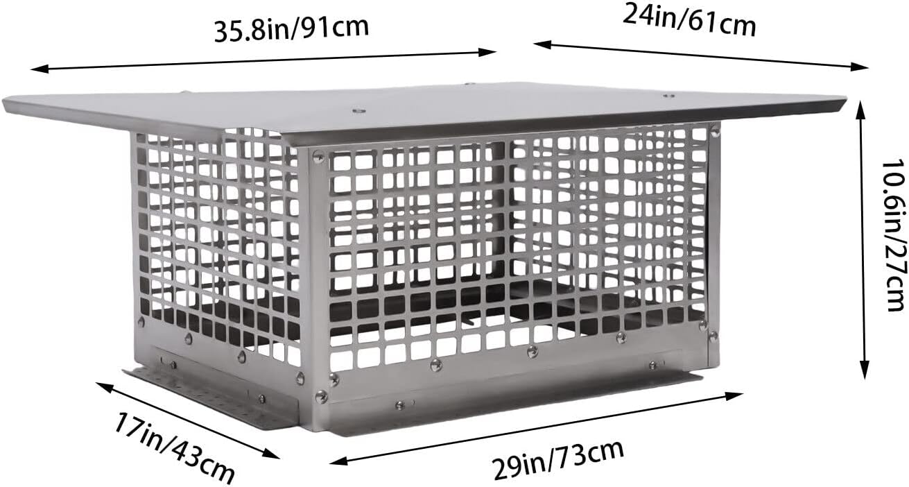 Chimney Cap, 17" x 29" Fireplace Chimney Cover 304 Stainless Steel Chimney CapFlue Caps with with Bolts and Fixing Strips, Fireplace Chimney Cover Adjustable for Outdoor Masonry Chimney
