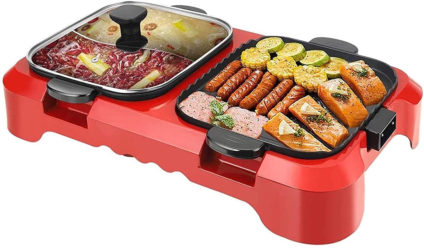 Parrilla Eléctrica Plancha de Asar Parrilla eléctrica multifunción sin Humo para Olla Caliente, Barbacoa 2 en 1, Olla para Hornear de Limpieza extraíble, Control de Temperatura Dual Separado LSDRA