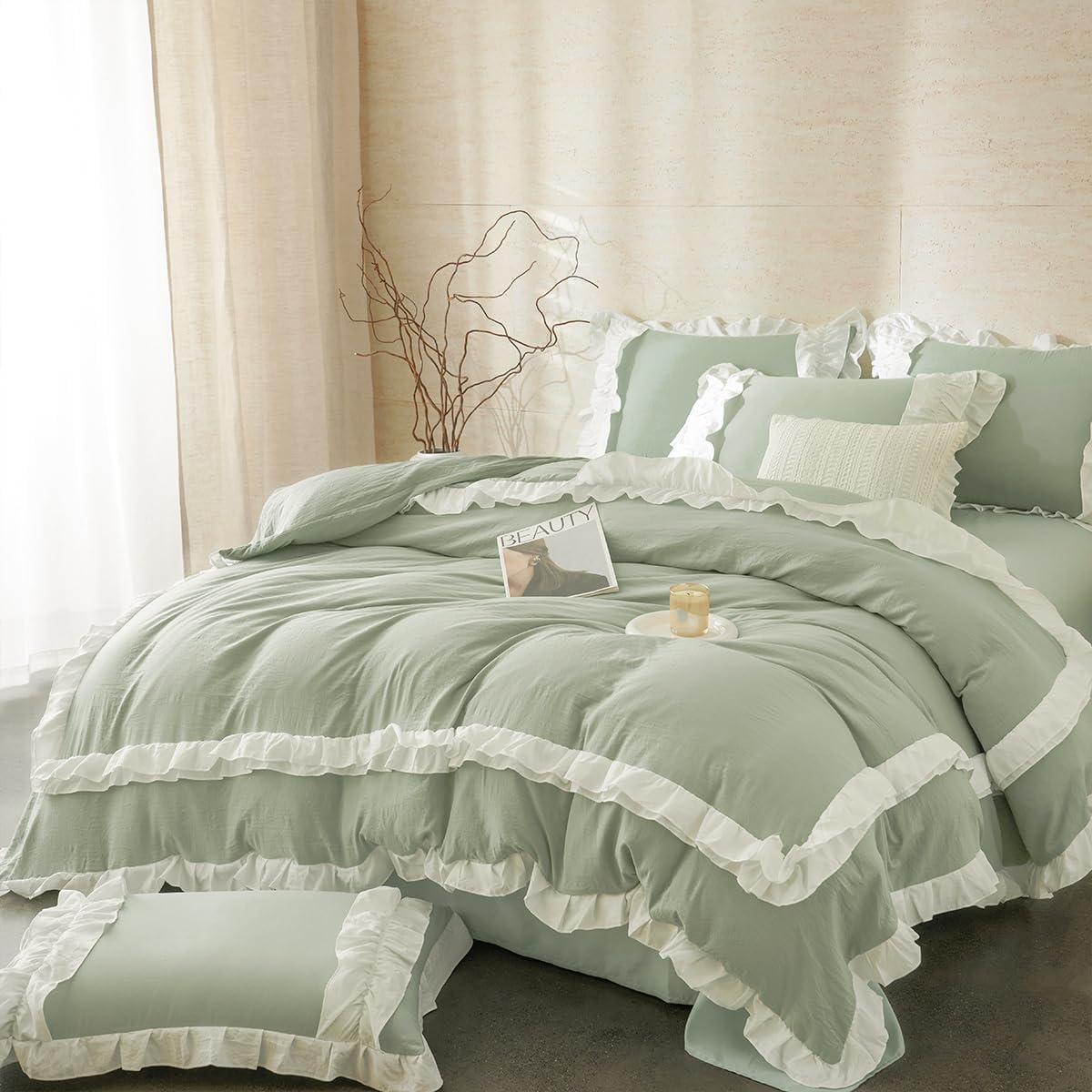 Green Ruffle Duvet Cover Queen 3Pcs Shabby Chic Farmhouse Bedding Set Girls 100% Washed Microfiber Duvet Cover Set Boho Vintage Ruffled Bedding with 2 Pillowcases(No Comforter) - Image 4
