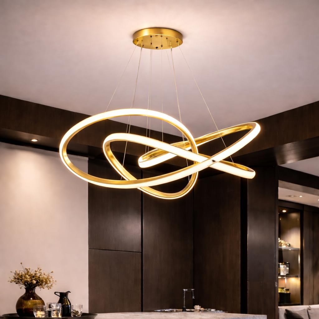 One94Store Modern Gold LED Twisted Pendant Chandelier Light – Tricolour (Warm, Cool & Natural White) – Double Curl Design Ceiling Light for Kitchen, Dining, Living Room – Fancy Hanging Light