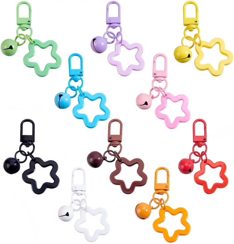 Beebeecraft 10Pcs Star Bell Keychain Hollow Stars Charms Key Chain with Bells Keyring Clip with Swivel Clasp for Bag Backpack