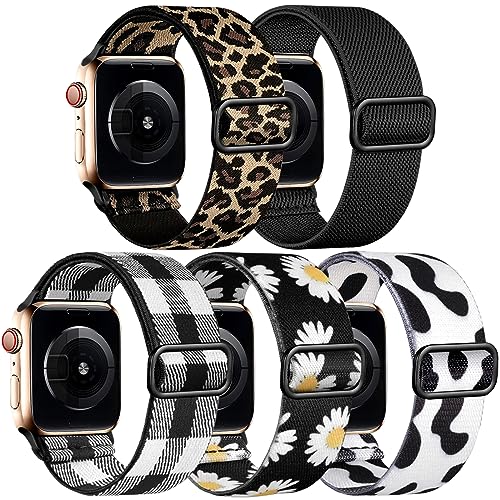 Image of Easuny 5 Pack Stretchy Bands Compatible with Apple Watch 40mm 41mm 42mm 38mm 44mm 45mm 46mm Women, Elastic Fabric Nylon Strap Wristband for iWatch SE 3 2 1 Series 11 10 9 8 7 6 5 4 3 Boho Solo Loop