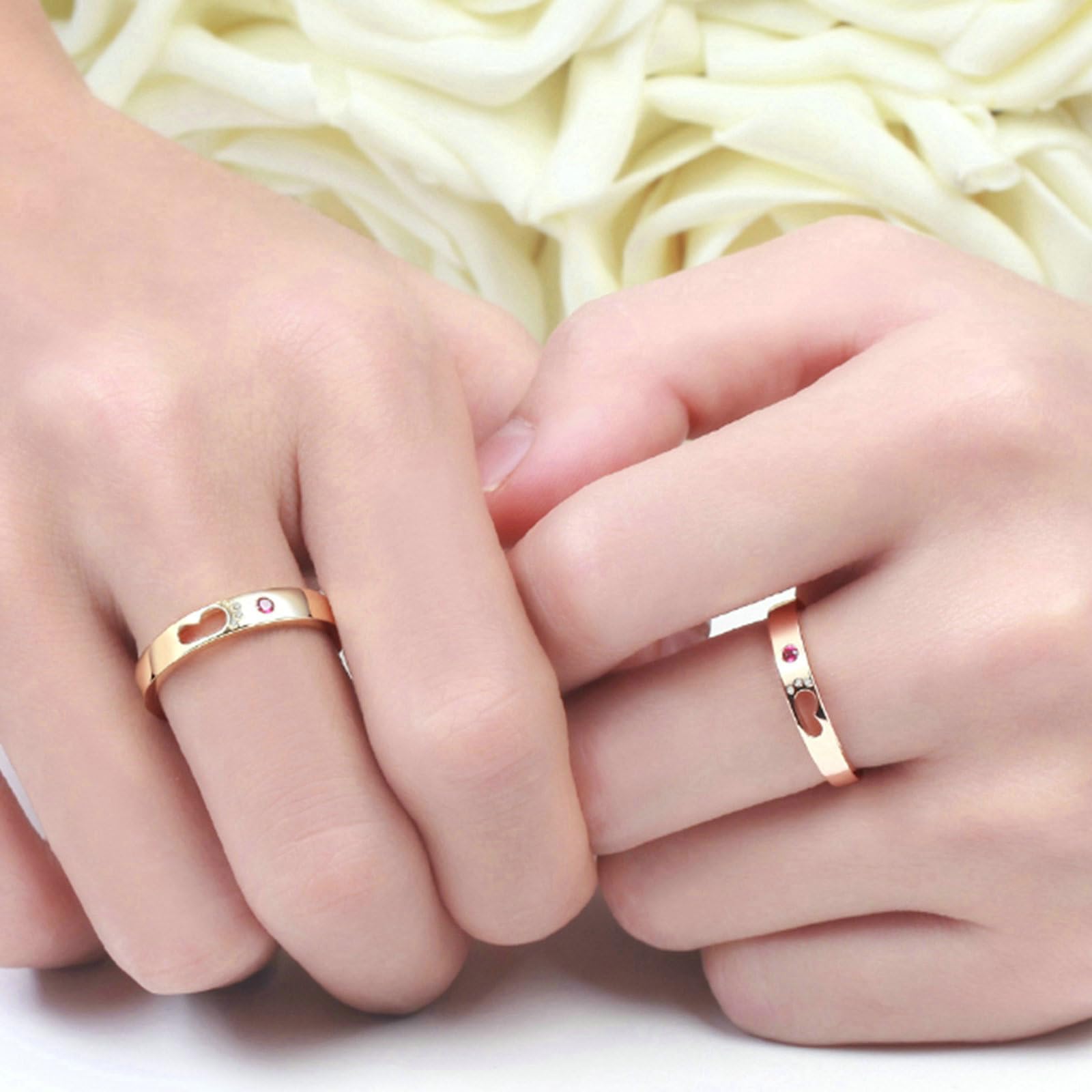 Anello di Matrimonio Oro 14K, Anelli Fidanzamento Donna e Uomo Design Vuoto Impronta Rubino Rosso Sintetico e Moissanite Fedi Nuziali Coppia Oro Rosa