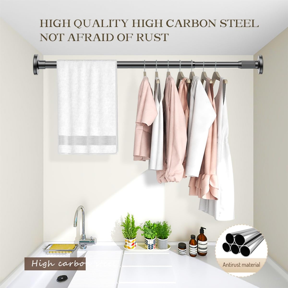 Tingle de Rideau de Douche pour Salle de Bain 35-250m, Tringle Extensible pour Rideau Ø27mm, Montage Sans Vis ni Perçage, pour Salle de Bain, Placard, Armoire, Porte, Cuisine(Noir,160-250CM)