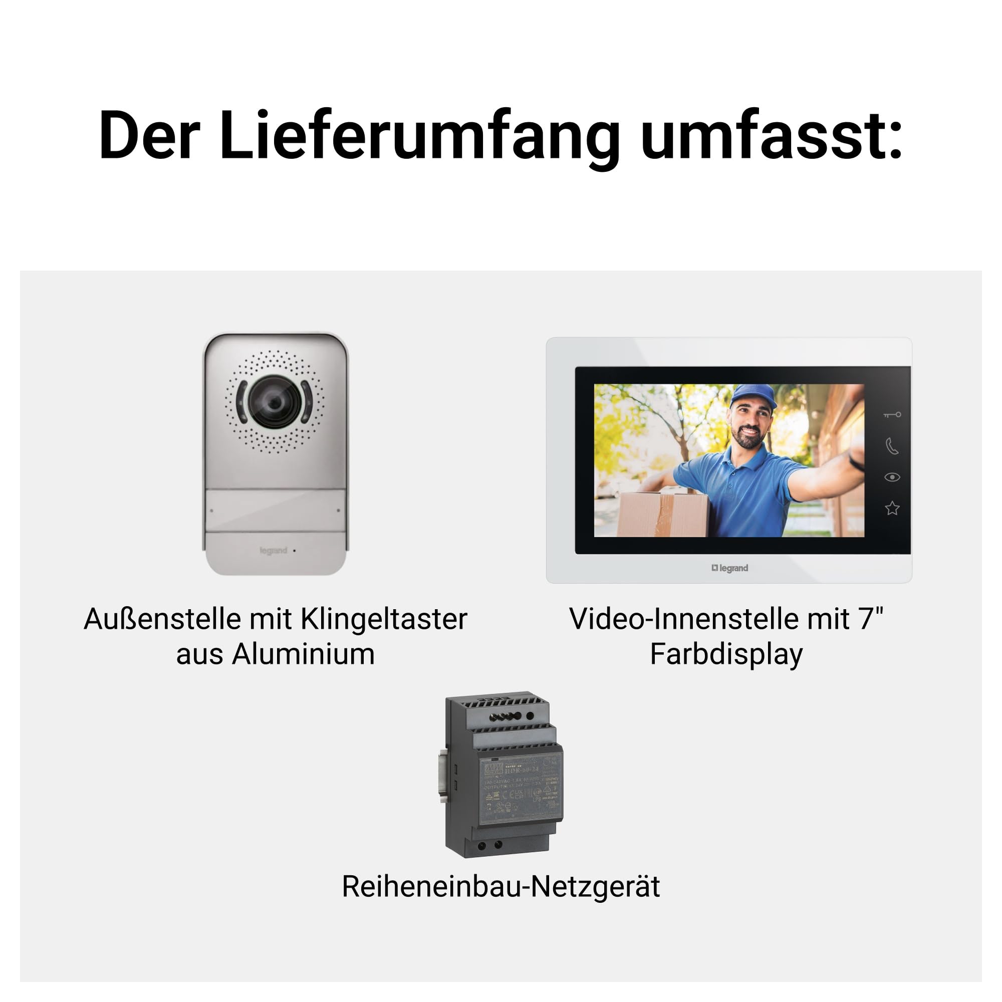 LEGRAND, EASYKIT Essential Video-Türsprechanlagen-Set mit 2-Draht-Anschluss, 7"-Farbmonitor & Weitwinkelkamera, 1-/2-Familienhaus-Set, erweiterbar, Reiheneinbau-Netzgerät, IP54-IK07, Weiß, 367915