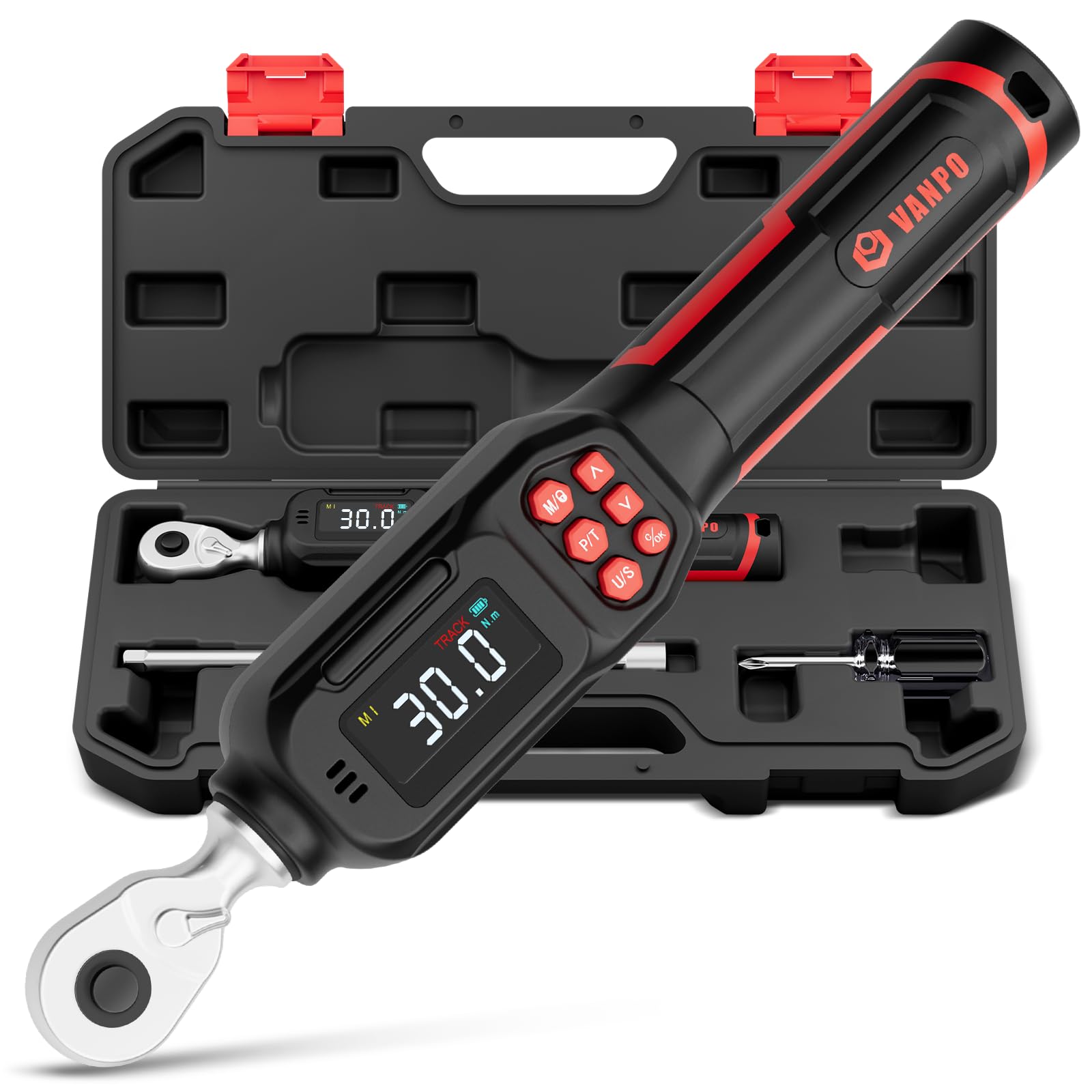 VANPO Llave Dinamometrica Digital 1/4", 1.5-30 NM Electronica Llave Dinamometrica con Pantalla LCD, 4 Unidades, Alarma Sonora y Color, Trinquete Reversible ±2% para Bicicleta y Reparaciones Precisión