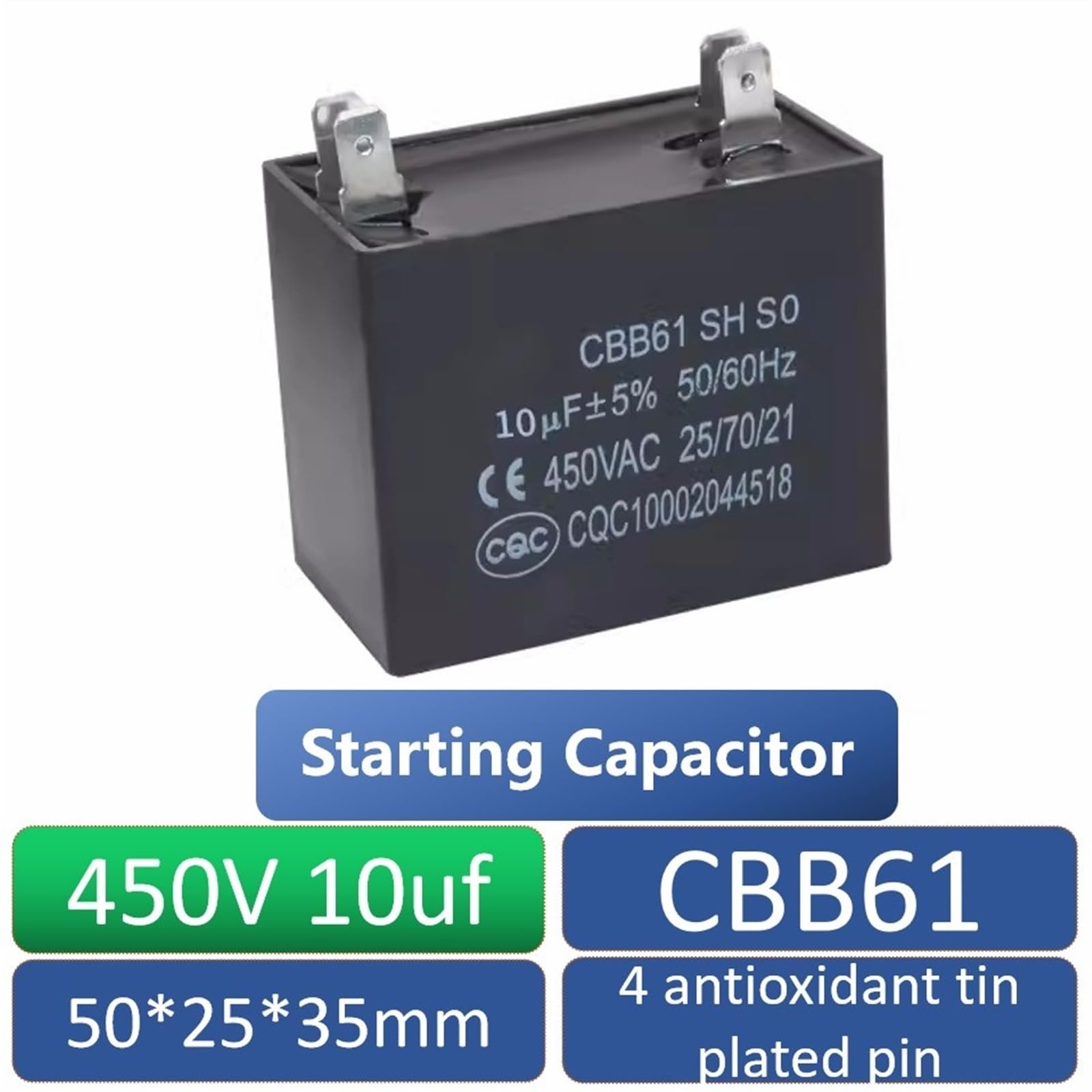 4 piezas CBB61 10uf condensador de arranque de ventilador 450V condensador de ventilador de techo 50/60Hz 50 * 25 * 35mm 4 pines estañados antioxidantes 4P