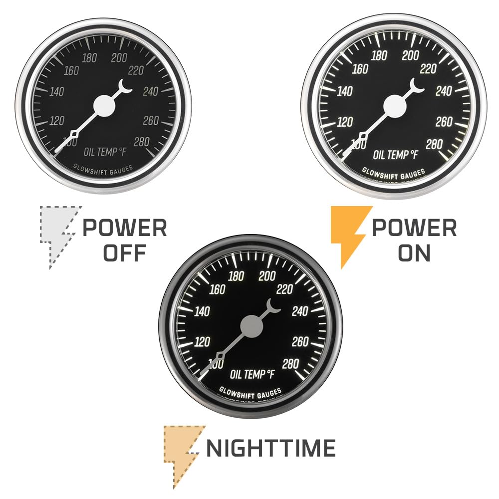 GlowShift Classic Series 280F Oil Temperature Gauge Kit - Includes 1/8-27 NPT Electronic Sensor & Wiring Harnesses - Black Dial - White LED - Vintage Style Design - 2-1/16" (52mm) Diameter