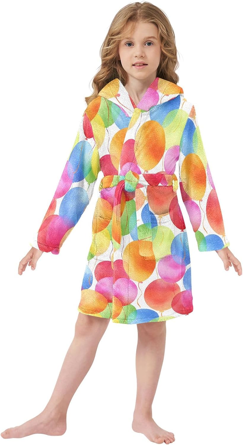 Colorful Balloon Pattern Toddler Hooded Bathrobe for Boys Girls Soft Plush Bath Towel Robe 2-12 Years