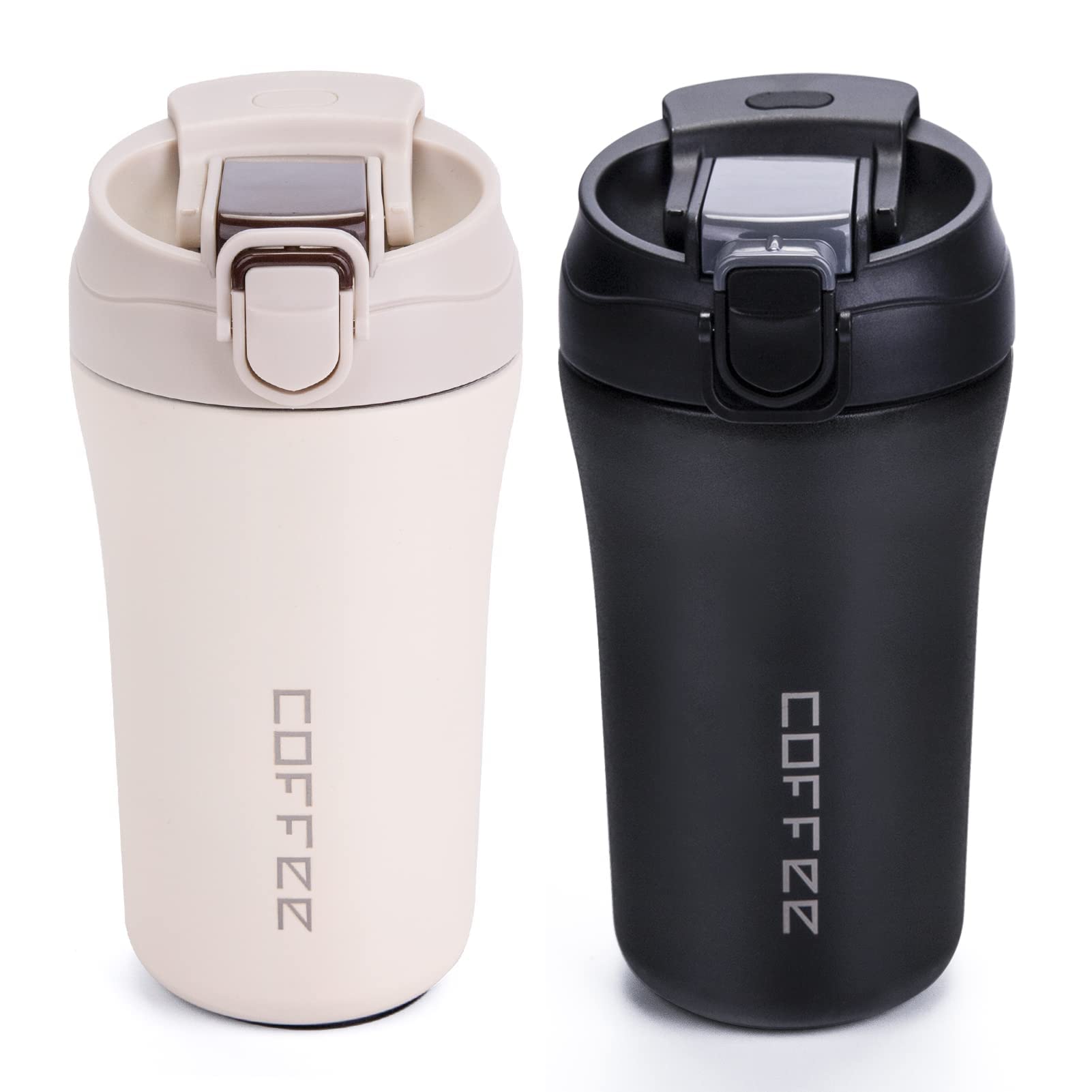 2 Pcs 14oz Travel Coffee Mug, Vacuum Insulated Coffee Travel Mug Spill Proof with Lid and Straw, Reusable Coffee Tumbler for Keep Hot, Ice Coffee, Tea and Beer (BLACK, WHITE)