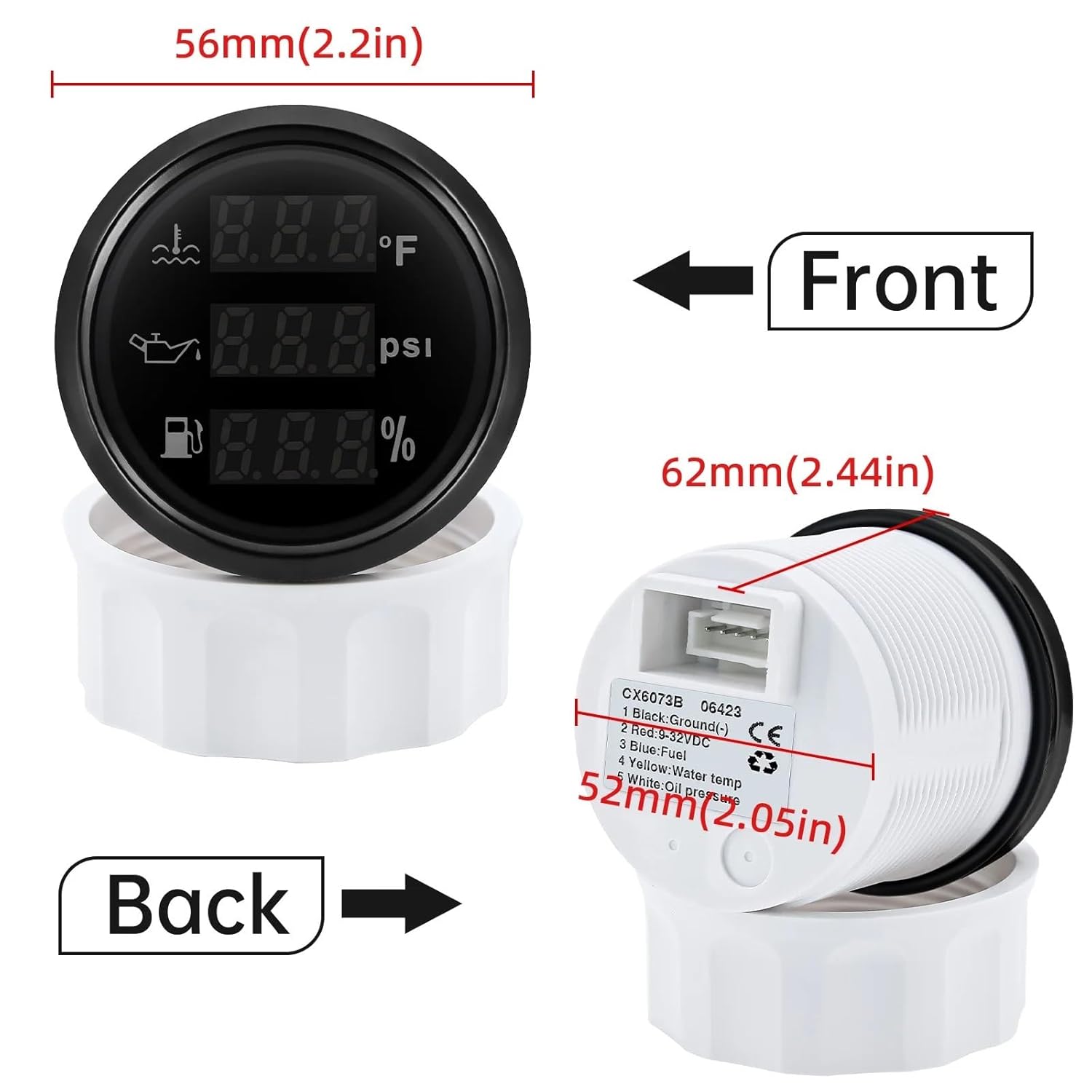 3 in 1 Multi-Function 52mm Car Digital Water Temp ℉ Oil Pressure PSI Fuel Level Gauge Fuel Sender Water Temp Press Sensor(Ivory)