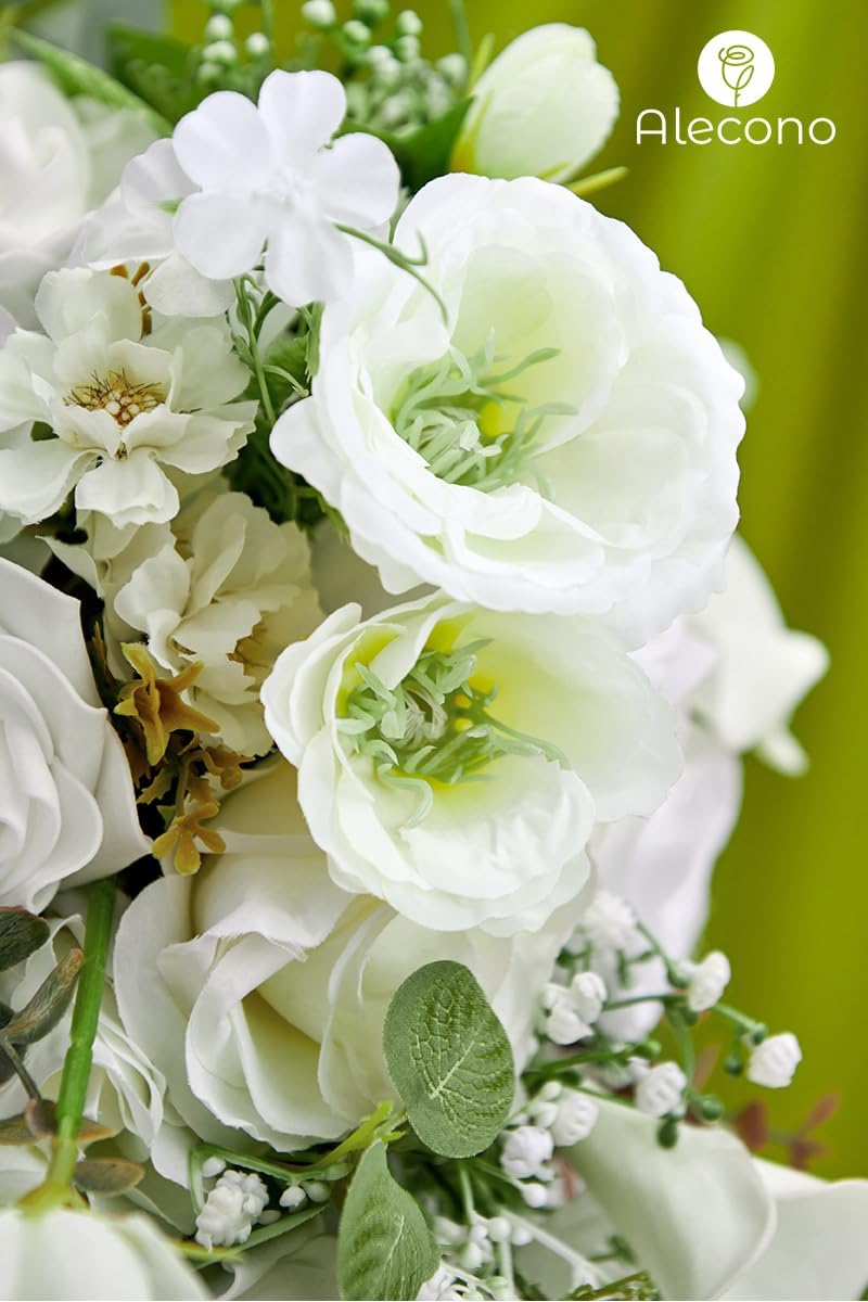 Alecono Wedding Bouquets for Bride, 8in Artificial White Bridal Bouquets for Wedding Ceremony and Anniversary Decor