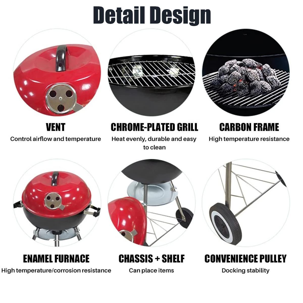 Barbecue Rotondo a Carbonella, 17" BBQ Carbonella Portatile per Giardino, Griglia a Sfera con Acciaio Cromato, Contenitore Carbonella Smaltato, Coperchio, 2 Ruote, 45cm X 19cm X 45cm
