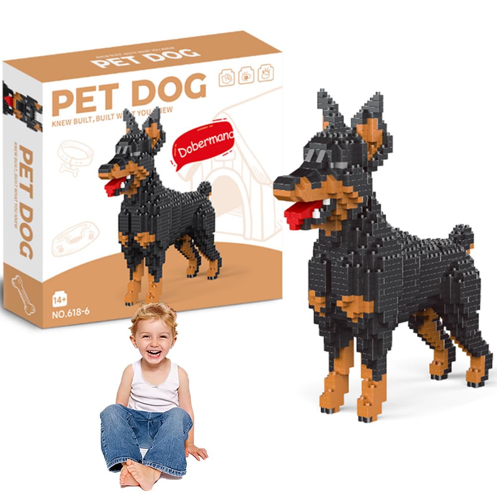 Dobermann Dog Building Blocks for Kids,Dog Building Blocks Set,Animals Puppy Fixture Component, Home Decoration,Diy Blocks Collection Ornament, Creative Gift For Adults,14+