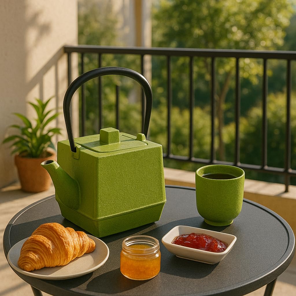 Creative Home Kyusu Cast Iron Pot Tea Kettle with Removable Stainless Steel Infuser Basket, 28 oz, Green Color (73516)