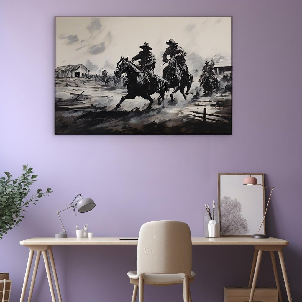 Canvas for Living room. Gunsmoke and Gallops The Essence of Wild West Pursuit, 27 x 18 inch Canvas Wall Art - Ready to Hang - 69x46 cm (27x18 inch)