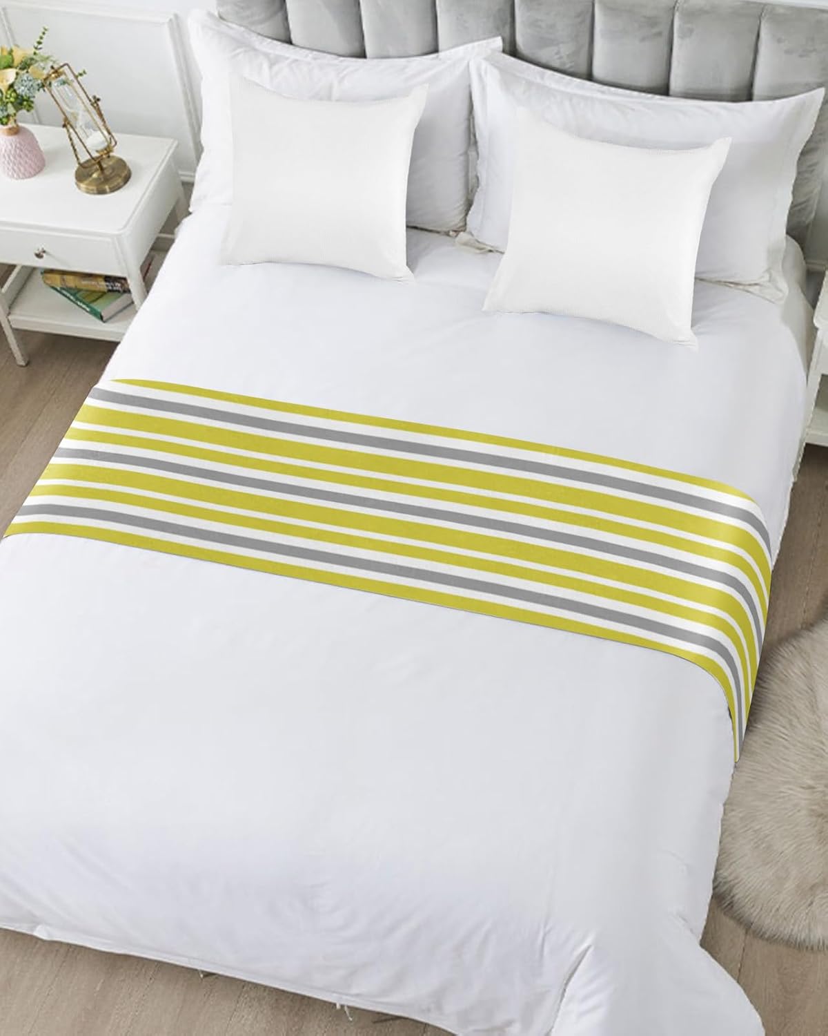 Teamery Bed Runners & Scarves, Yellow and Gray Stripes Bed Runner, Bed Scarf Protector Decorative Accent Bedding Scarf for Hotels Homes and Guestrooms, 83 x 20 inches