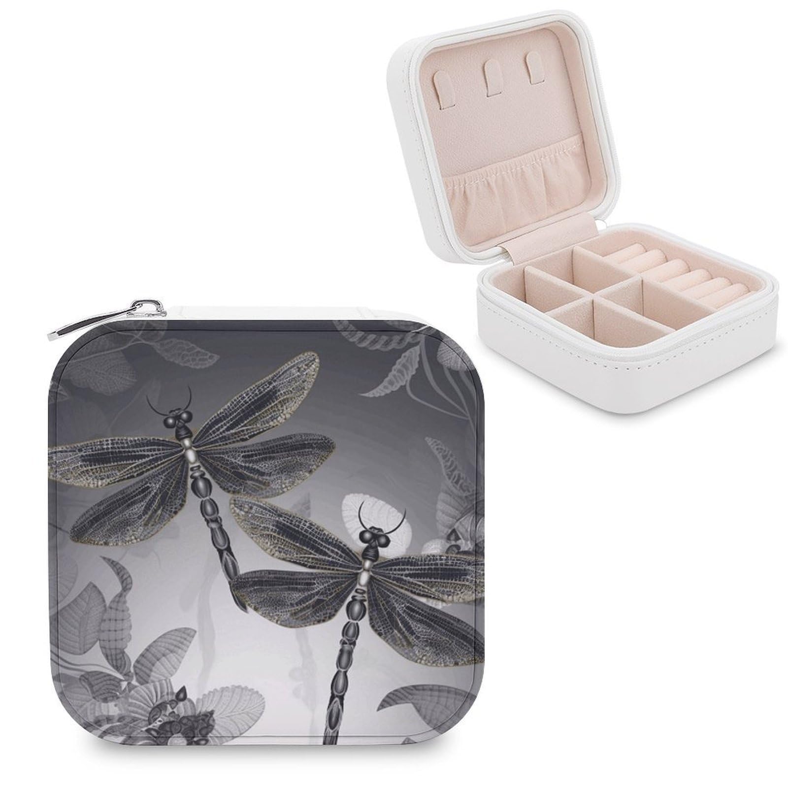 VstaDank Dragonflies Grey Jewelry Box Exquisite Leather Jewelry Organizer Portable Trinket Organizer Fashion Travel Jewelry Case for Rings Earrings Necklaces Unique Gifts for Women