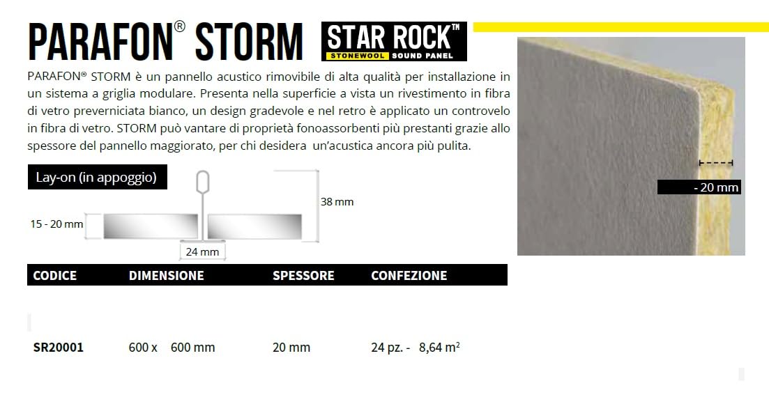 Akifix ITP Parafon Storm Star Rock SR20001 - Paneles para falso techo de lana de roca 600 x 600 x 20 mm, paquete de 24 unidades/8,64 m² de apoyo
