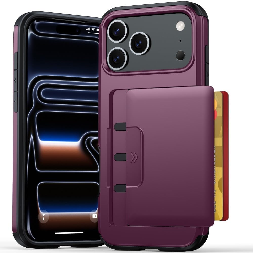 Generic Funda compatible con iPhone 17 Pro (color: rojo vino) con tarjetero deslizante, funda rígida de silicona