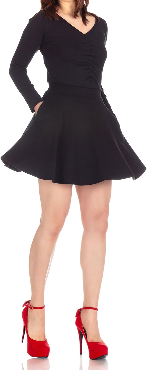 Basic Solid Stretchy Cotton High Waist A-line Flared Casual Skater Mini Skirt - Image 5