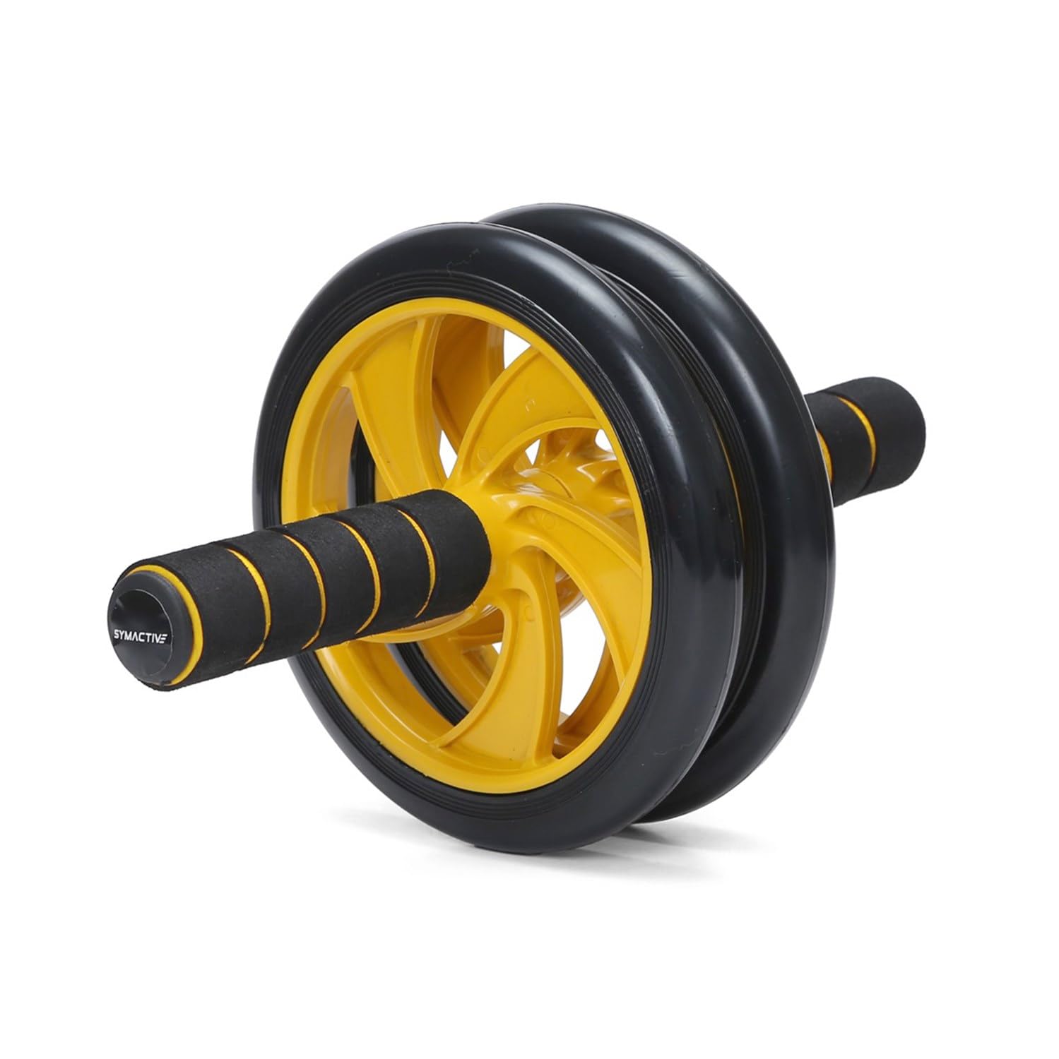 Amazon Brand - Symactive Home Gym Dual Anti-Skid Wheel Ab Roller/Blaster for Abdominal Core Exercise for Men & Women (6 MM Safe Knee Mat, Foam Handles, Yellow, Max Wt: 150 Kg)