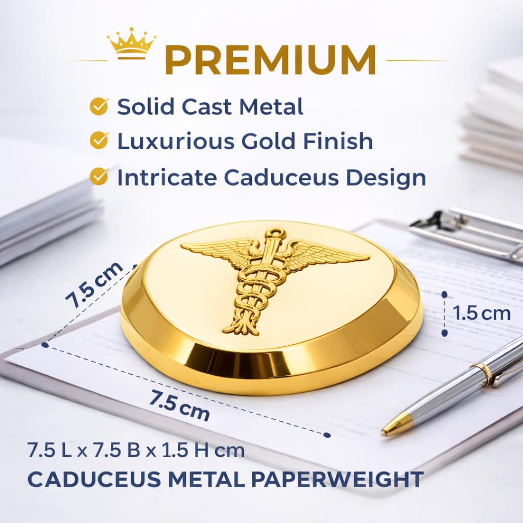 ZAHEPA Caduceus Metal Paperweight for Doctor Desk, Medical Paper Holder for Hospital Office Table, Gold Desktop Decor Accessory, Stylish Professional Gift for Doctors, Medical Professionals & Men