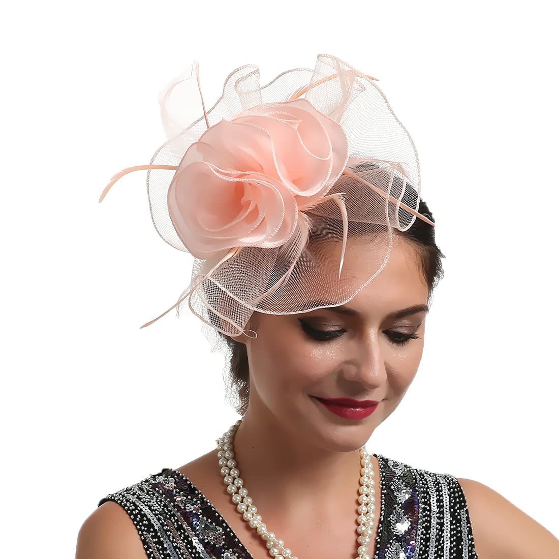 TOPOQ Champagne Pink Fascinators for Women Wedding Fascinators Tea Party Hat Flapper Pillbox Fascinator Hat Derby Ascot Hat with Headband Hairclips Headdress Headpieces