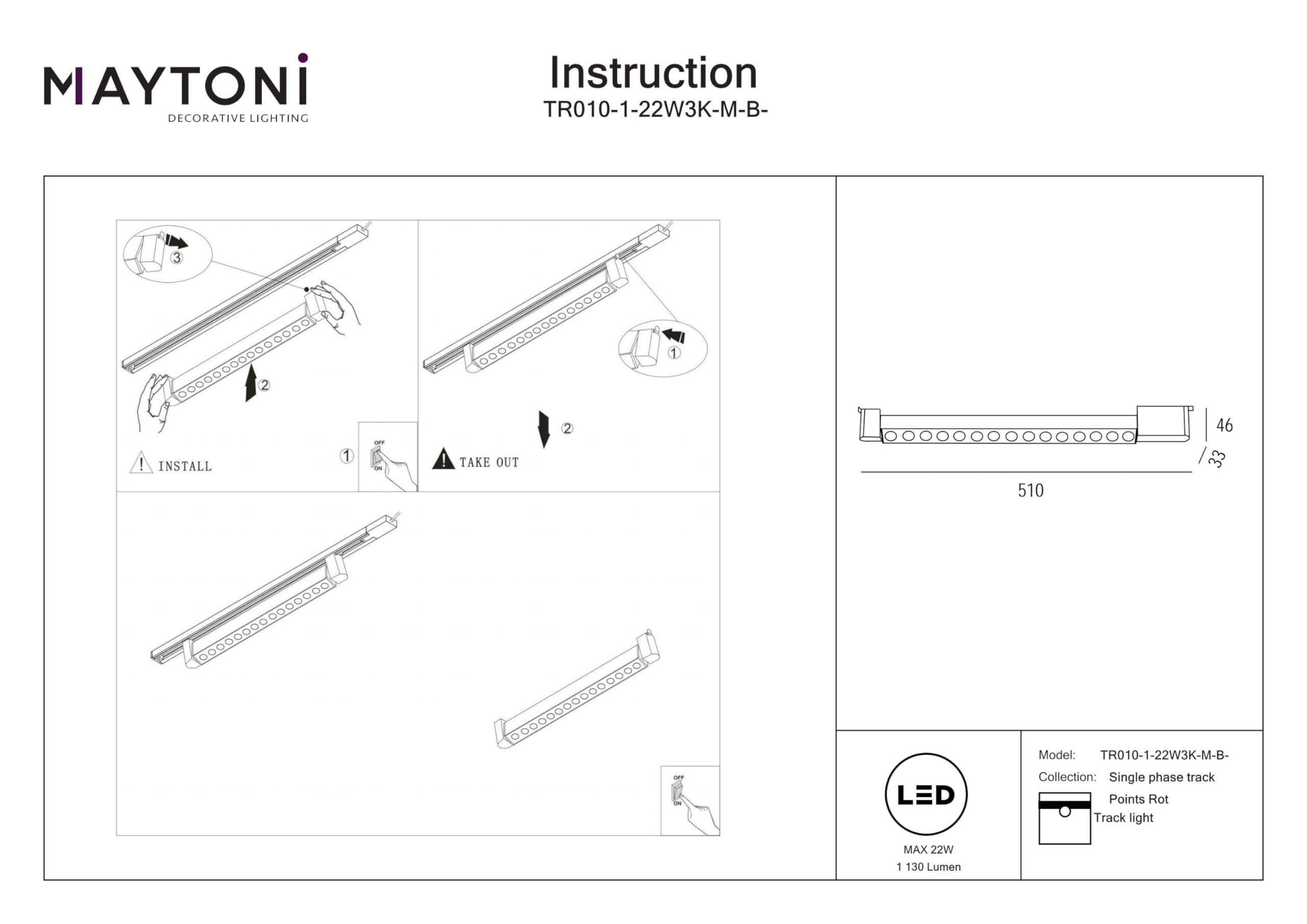 MAYTONI Lampe oblongue pour système de rail monophasé UNITY Points Rot style Moderne LED 22 watts Noir Aluminium et plastique 3000K 1130lm CRI 90 pour salon, bureau, cuisine, café