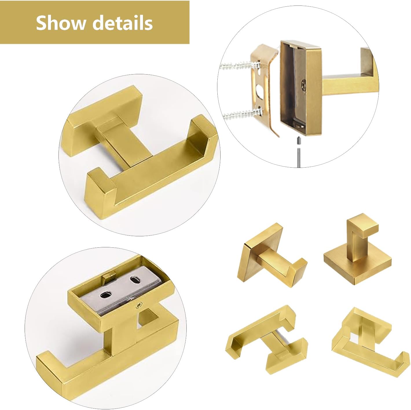 Generic Double Tower Hooks for Bathroom, Square Wall Mount Stainless Steel Heavy Duty Door Hanger, 1*Double Towel Hook + 2* Towel Hooks Set(Gold)