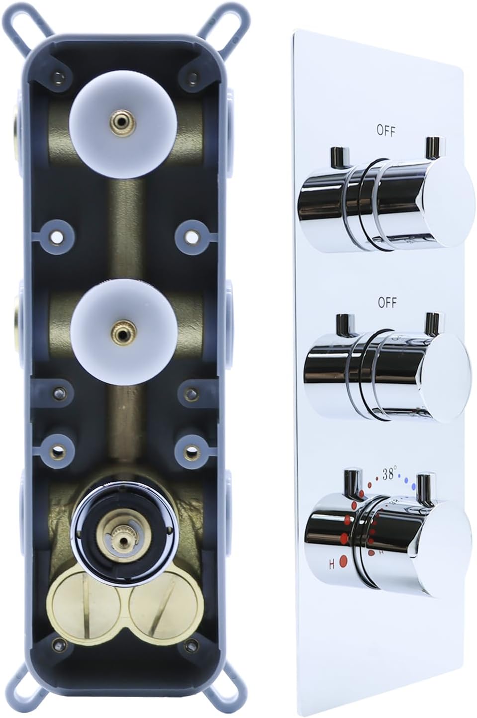 2 Function Shower Thermostatic Valve 3 Round Knob Valvs Body Can Control Water Volume and Work at the Same Time Concealed Brass Bathroom Replacement Rough-In(Chrome, 2-Way)