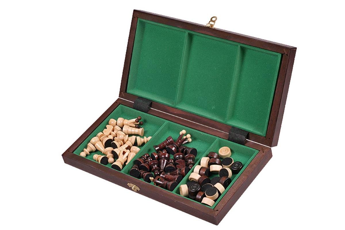 Sunrise Chess & Games - Scacchi e dama gioco in legno 2 in 1 35 x 35 cm - Piccola scacchiera pieghevole con pezzi in carpino